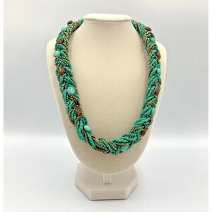 Turquoise Bronze Color Beaded Multi Strand Braided Necklace Made in India 18"